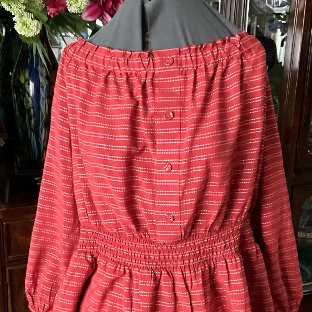 Red Peasant Boho Dress with Subtle Stripe Dots